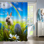 Bunny and Easter Eggs on Spring Field Shower Curtain - Green Blue