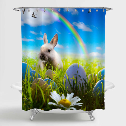 Bunny and Easter Eggs on Spring Field Shower Curtain - Green Blue