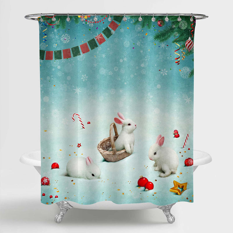 Bunnies and Christmas Toys Shower Curtain - Green