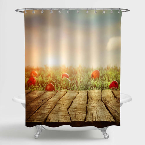 Easter Eggs on Spring Grass Field Shower Curtain - Brown Gold