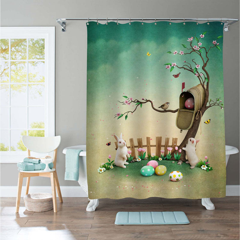 Spring Bunnies with Mailbox for Easter Eggs Shwoer Curtain - Green