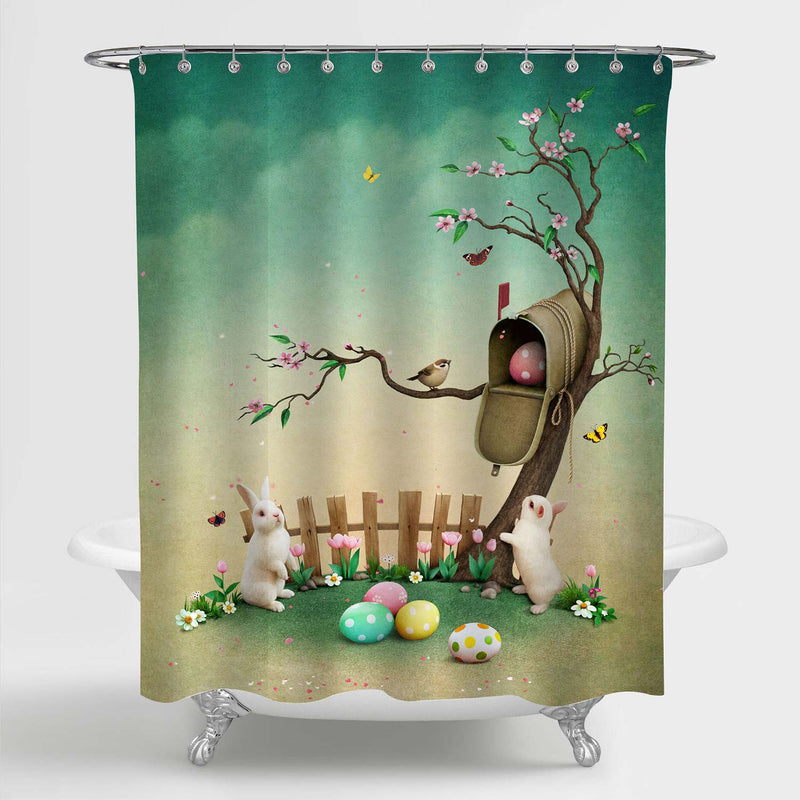 Spring Bunnies with Mailbox for Easter Eggs Shwoer Curtain - Green