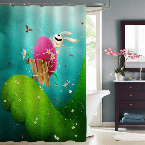 Spring Easter Fairytale with Funny Bunny on Easter Egg Shower Curtain - Green