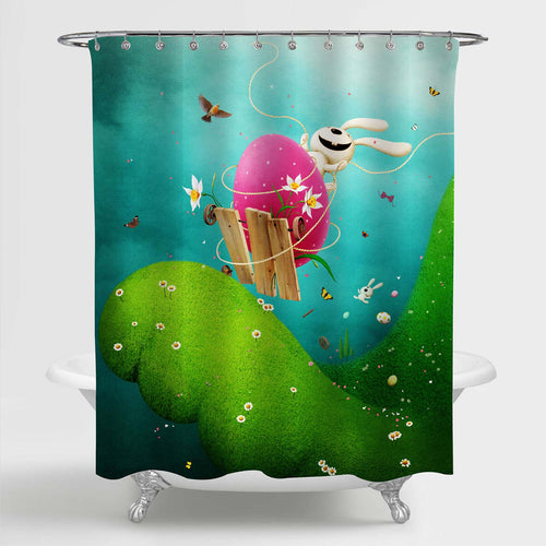 Spring Easter Fairytale with Funny Bunny on Easter Egg Shower Curtain - Green