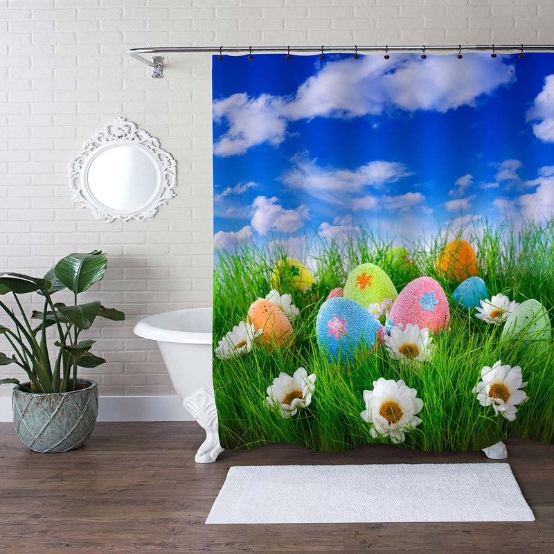 Easter Eggs and Florals in Grass on Blue Sky Background Shower Curtain - Multicolor