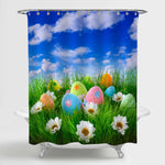 Easter Eggs and Florals in Grass on Blue Sky Background Shower Curtain - Multicolor