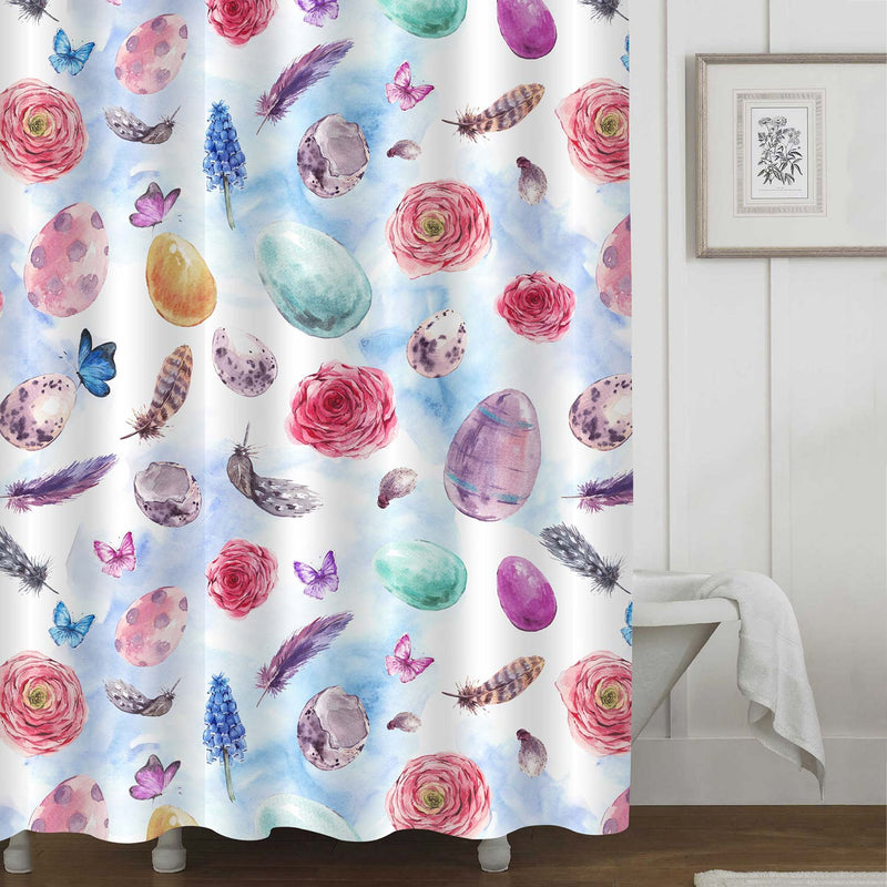 Spring Bouquet with Colored Eggs Ranunkulus Feathers and Butterflies Botanical Shower Curtain - Multicolor