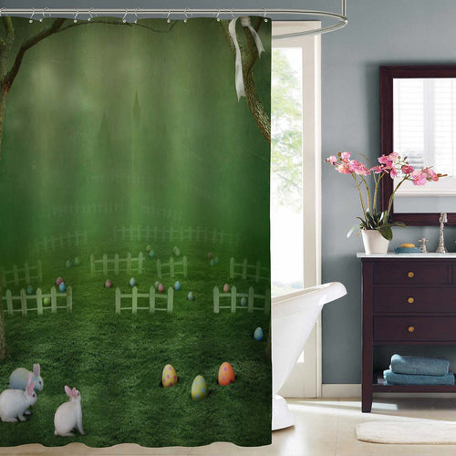 Bunnies and Easter Eggs in Magic Forest Shower Curtain - Green