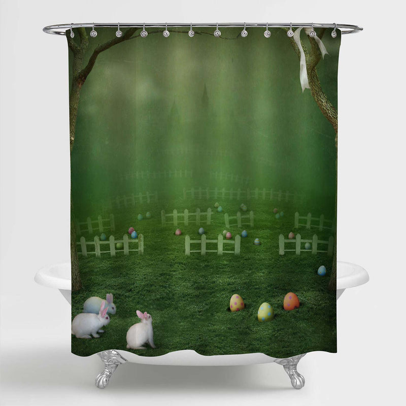 Bunnies and Easter Eggs in Magic Forest Shower Curtain - Green