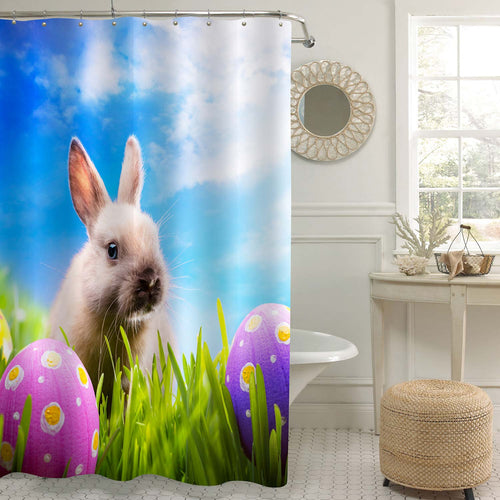 Little Bunny and Easter Eggs on Spring Grass Shower Curtain - Green Blue