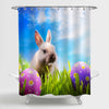 Little Bunny and Easter Eggs on Spring Grass Shower Curtain - Green Blue