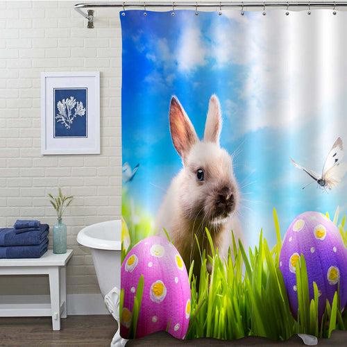 Little Baby Rabbti and Easter Eggs on Grassland Shower Curtain - Green Blue