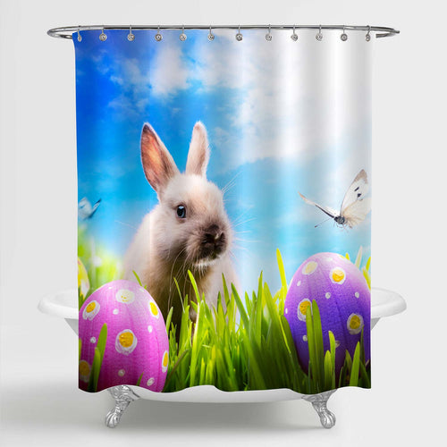 Little Baby Rabbti and Easter Eggs on Grassland Shower Curtain - Green Blue