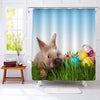 Bunny and Easter Eggs on Grass Shower Curtain - Green Blue