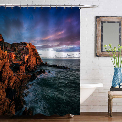 Coastal Village Manarola During Sunset Shower Curtain - Blue Brown