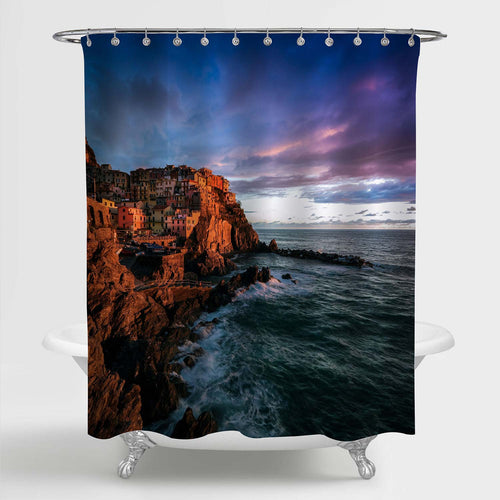 Coastal Village Manarola During Sunset Shower Curtain - Blue Brown