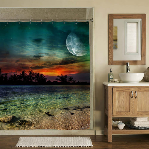 Tropical Beach with Palm Trees Silhouettes at Dusk Shower Curtain - Multicolor