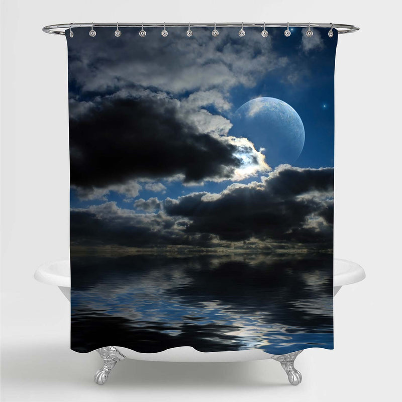 Ocean Landscape of  Night Cloudy Sky with Full Moon Shower Curtain - Dark Blue