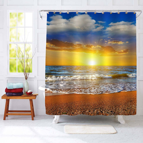 Morning Sea Beach Scene Shower Curtain - Gold Blue