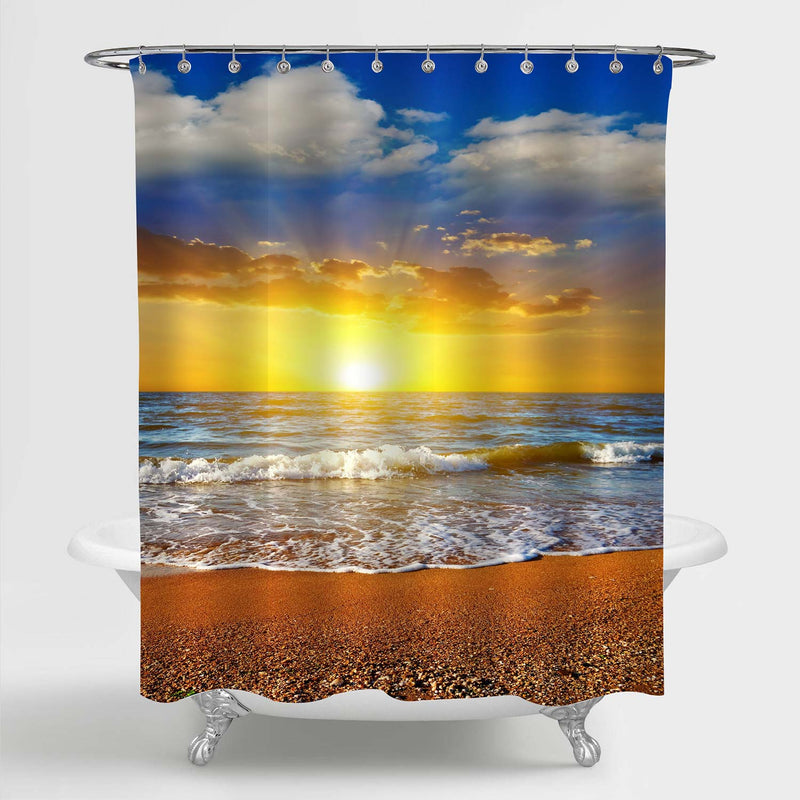 Morning Sea Beach Scene Shower Curtain - Gold Blue