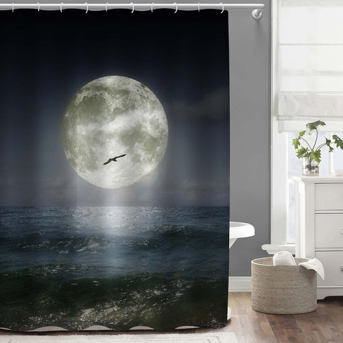 Seagull Flying Pass the Super Moon in a Magical Ocean Evening Shower Curtain - Grey