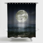 Seagull Flying Pass the Super Moon in a Magical Ocean Evening Shower Curtain - Grey