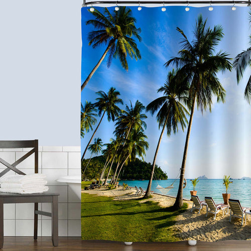 Tropical Sea and Beach on Island with Coconut Palm Tree Shower Curtain - Green Blue