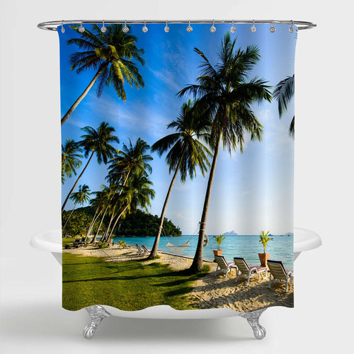 Tropical Sea and Beach on Island with Coconut Palm Tree Shower Curtain - Green Blue