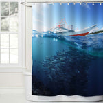 Collage with School of Jack Fish Underwater and Traditional Boat Shower Curtain - Blue