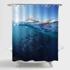 Collage with School of Jack Fish Underwater and Traditional Boat Shower Curtain - Blue