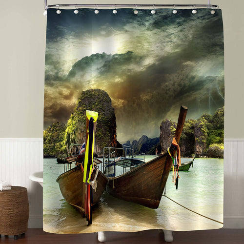 Traditional Thai Boat on the Shore of the Andaman Sea Shower Curtain - Green