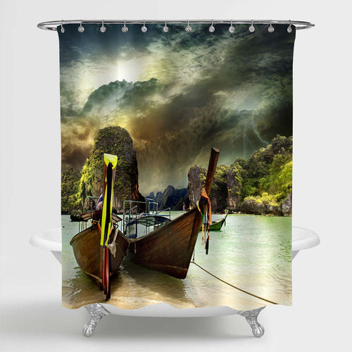 Traditional Thai Boat on the Shore of the Andaman Sea Shower Curtain - Green