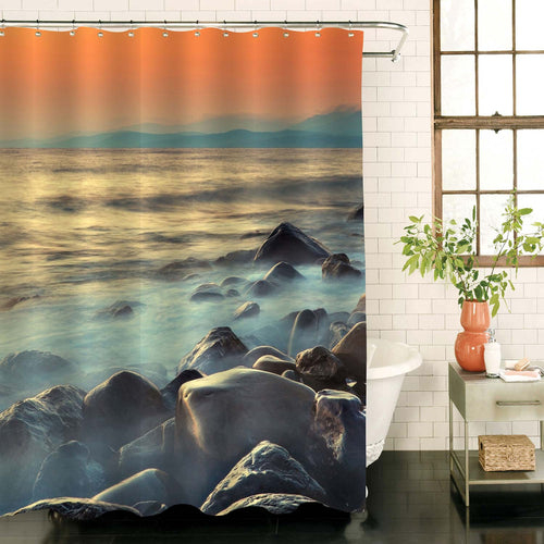 Sunset in Sea Coast with Waves and Rocks Shower Curtain - Grey Red