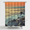 Sunset in Sea Coast with Waves and Rocks Shower Curtain - Grey Red