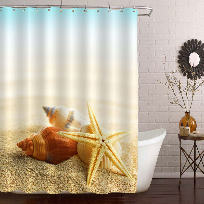 Tranquil Tropical Beach with Seashells and Starfish Lying on Rippled Golden Sand Shower Curtain - Sand