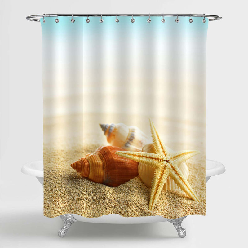 Tranquil Tropical Beach with Seashells and Starfish Lying on Rippled Golden Sand Shower Curtain - Sand