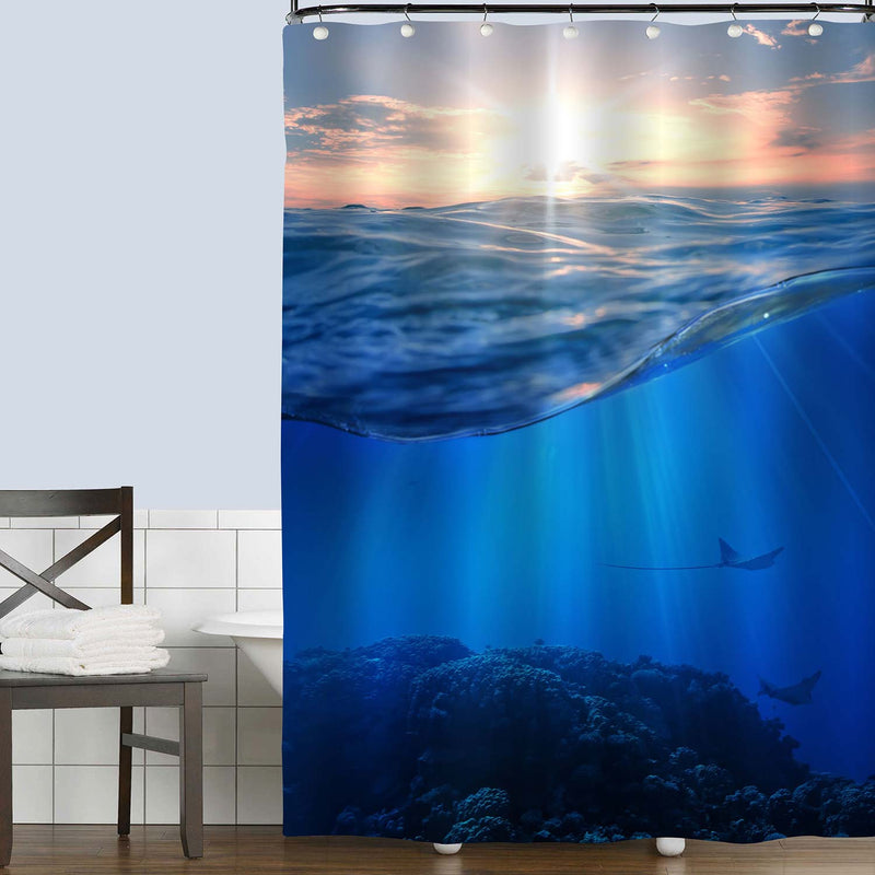 Peaceful Underwater Coral Reef with Marine Animals and Tropical Sunset Skylight Shower Curtain - Blue