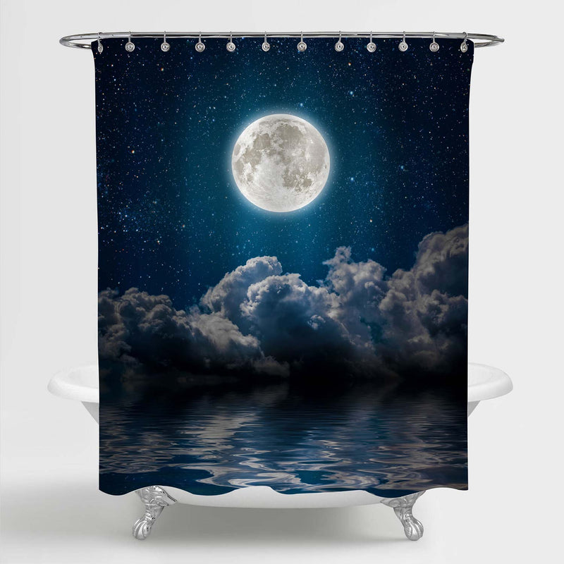 Full Moon Between Clouds in Night Sky Shower Curtain - Blue