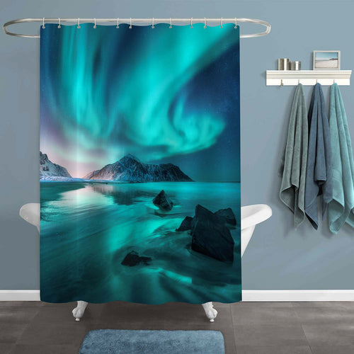 Fantastic Night Winter Landscape with Green Aurora Shower Curtain - Green