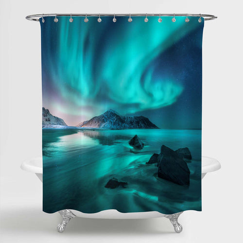 Fantastic Night Winter Landscape with Green Aurora Shower Curtain - Green