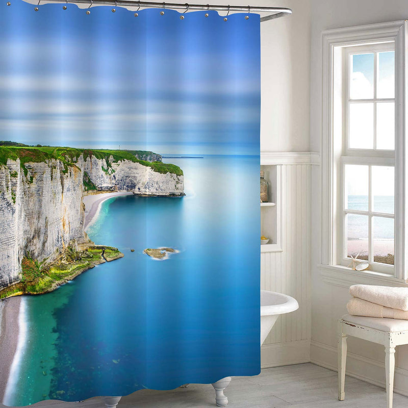 Aerial View of Etretat Rock Cliff and Beach in Normandy France Shower Curtain - Blue