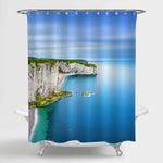 Aerial View of Etretat Rock Cliff and Beach in Normandy France Shower Curtain - Blue