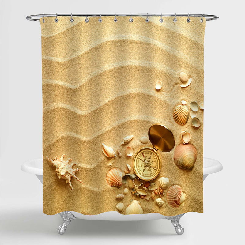 Sea Shells and Retro Compass with Sand Shower Curtain - Sand