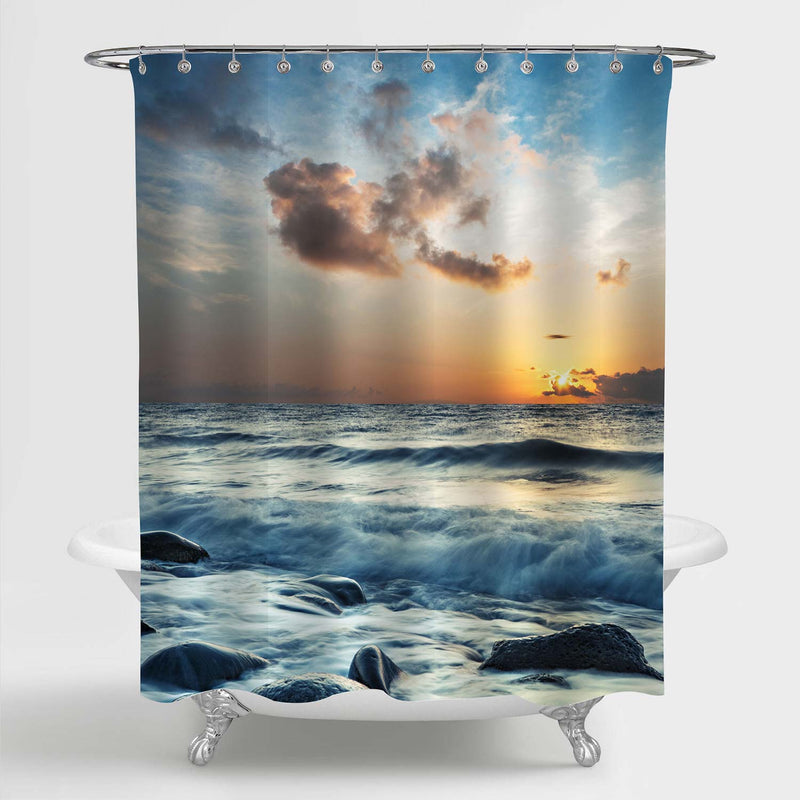 Ocean Wave Against the Rock Shower Curtain - Blue Gold