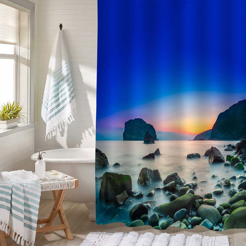 Sea Waves Lash Line Impact Rock on the Beach Shower Curtain - Blue