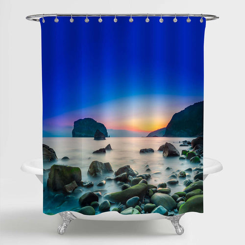 Sea Waves Lash Line Impact Rock on the Beach Shower Curtain - Blue