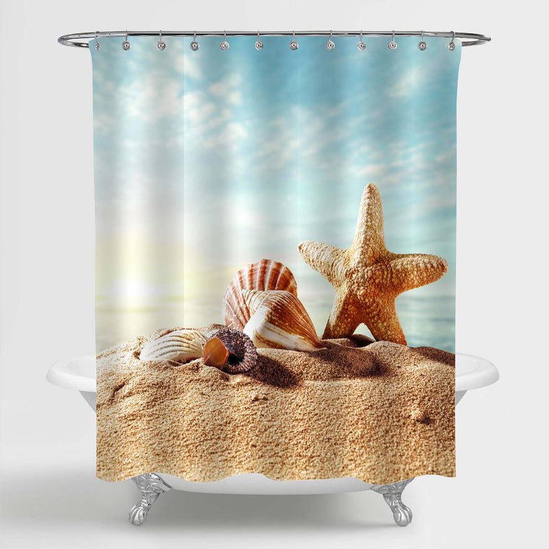 Tropical Sea Shells on Beach Shower Curtain - Sand Blue