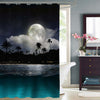 Night Seascape of Sky and Bright Full Moon with Stars Behind Coconut Palm Tree Shower Curtain - Blue Green