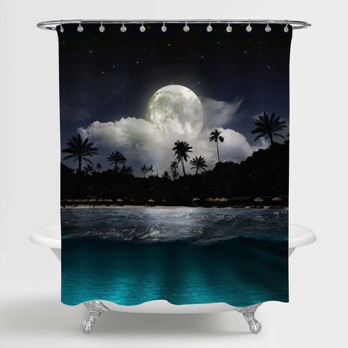 Night Seascape of Sky and Bright Full Moon with Stars Behind Coconut Palm Tree Shower Curtain - Blue Green