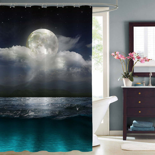 Super Moon in Clouds Over Ocean Shower Curtain - Blue